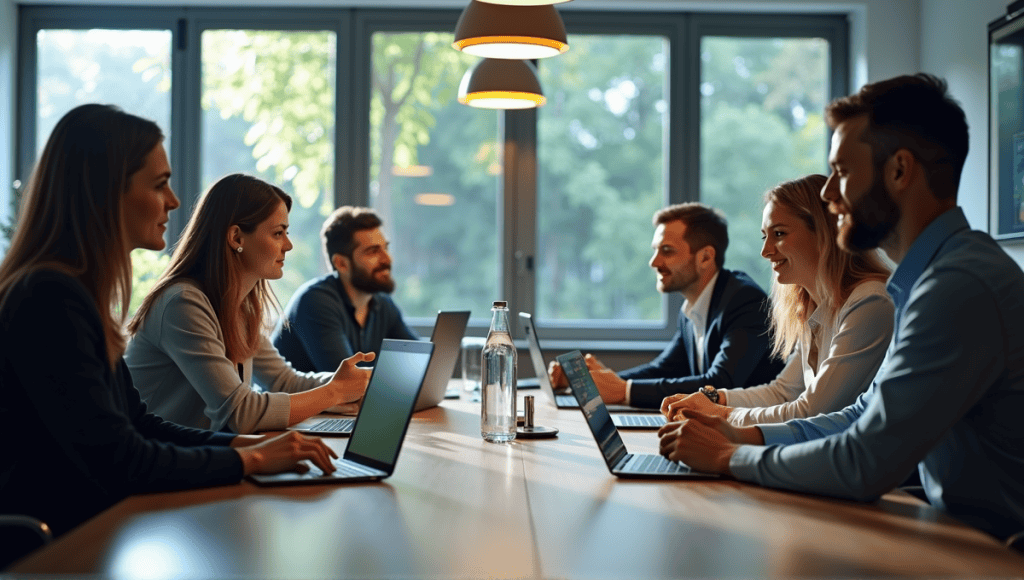 Modern workspace with professionals collaborating around a table filled with digital devices.