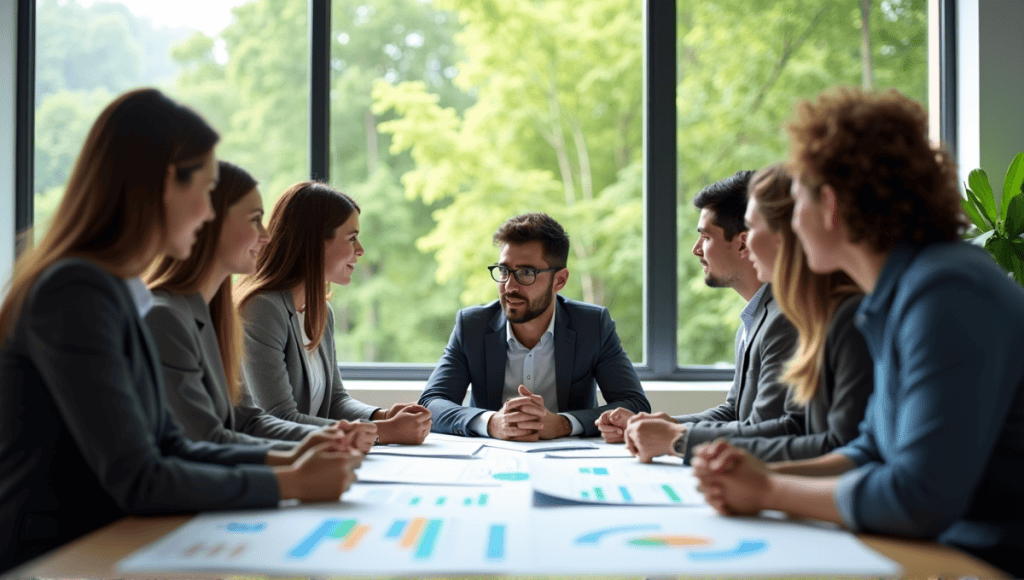 Professionals collaborating around a table filled with charts and plans in a modern office.