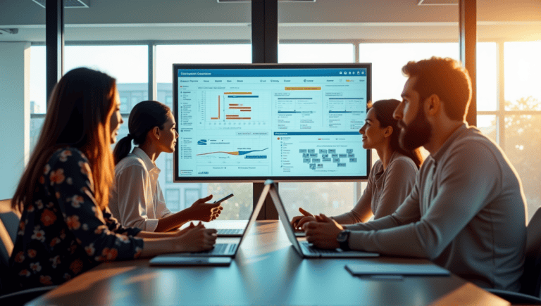 Team of professionals collaborating in a modern conference room with digital screens.