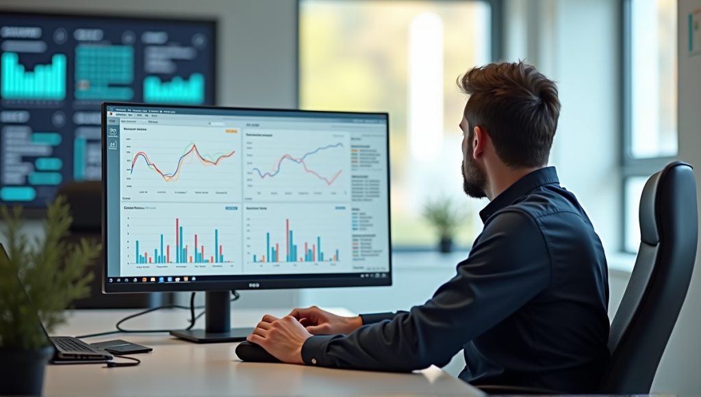 Modern workspace with project manager analyzing burndown charts and team performance metrics.