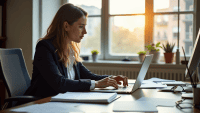 Business professional conducting SWOT analysis at a modern desk with laptop and papers.