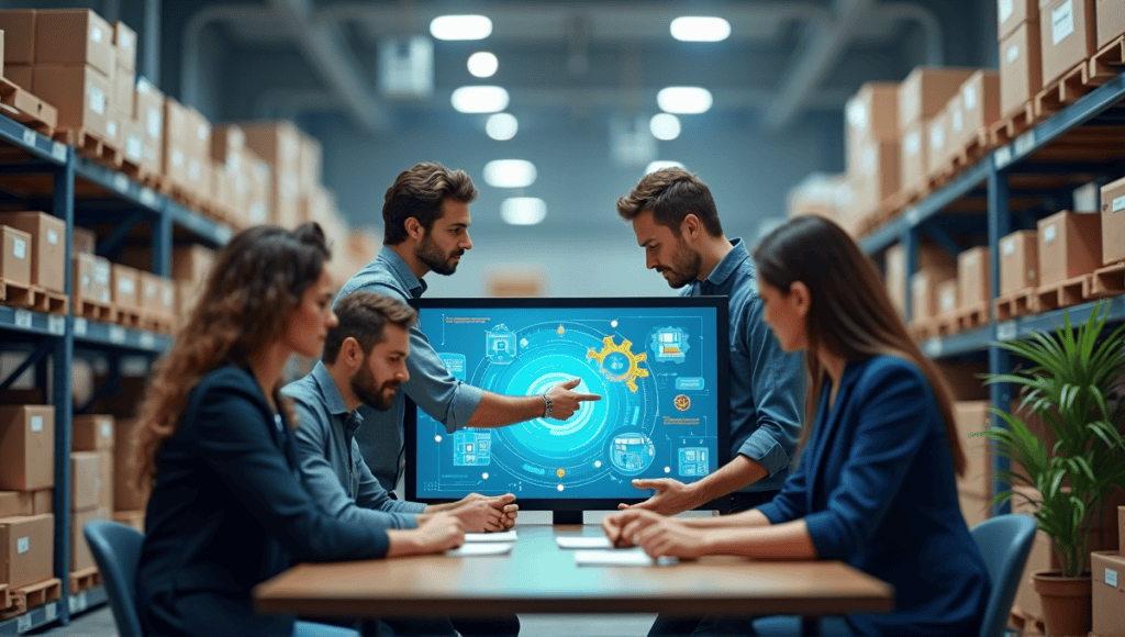 Modern supply chain team collaborating around a digital screen with stocked shelves and natural light.