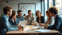 A group of professionals collaborating around a table in a modern office setting.