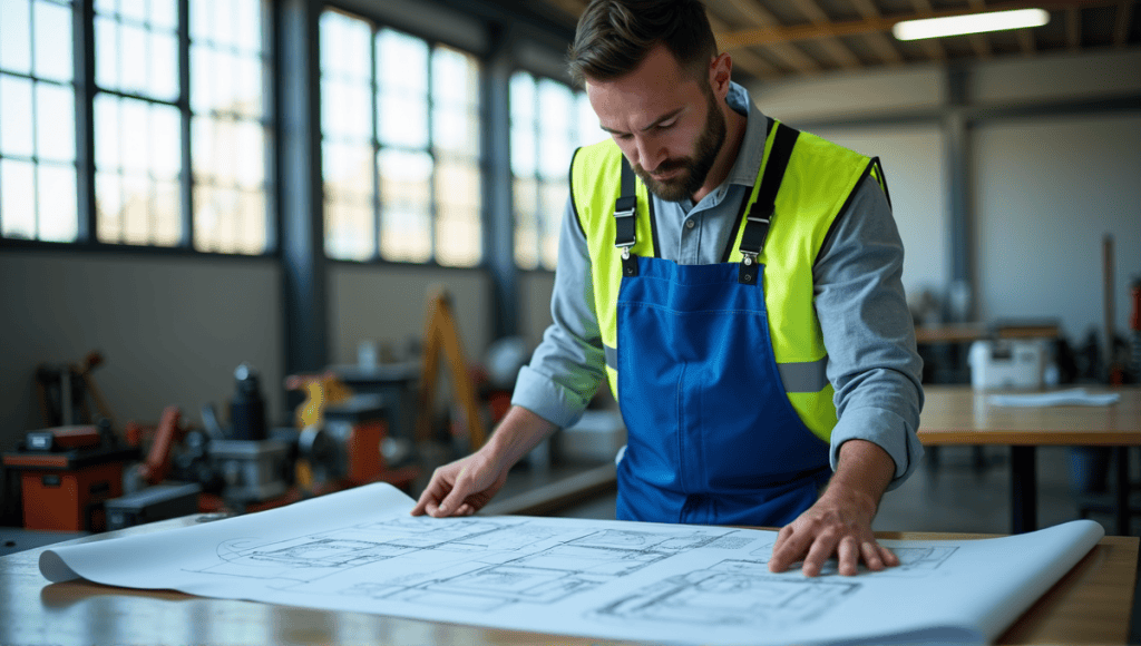 Engineer in blue overalls and high-visibility jacket surrounded by blueprints and tools.