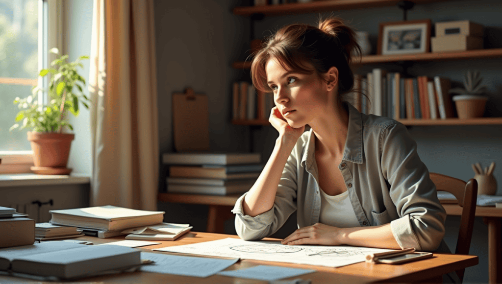 Thoughtful woman practicing critical thinking with notes and diagrams in a cozy study.