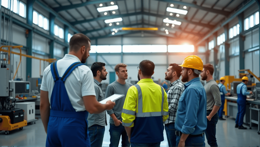 Manufacturing workshop with advanced machinery and workers collaborating around a Kanban board.