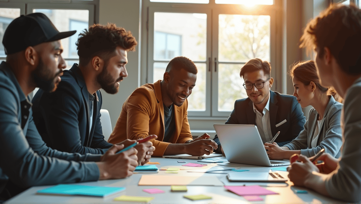 Team of professionals collaborating in a modern office with laptops and sticky notes.