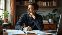 Person deep in thought at a wooden desk, surrounded by notebooks, charts, and a laptop.