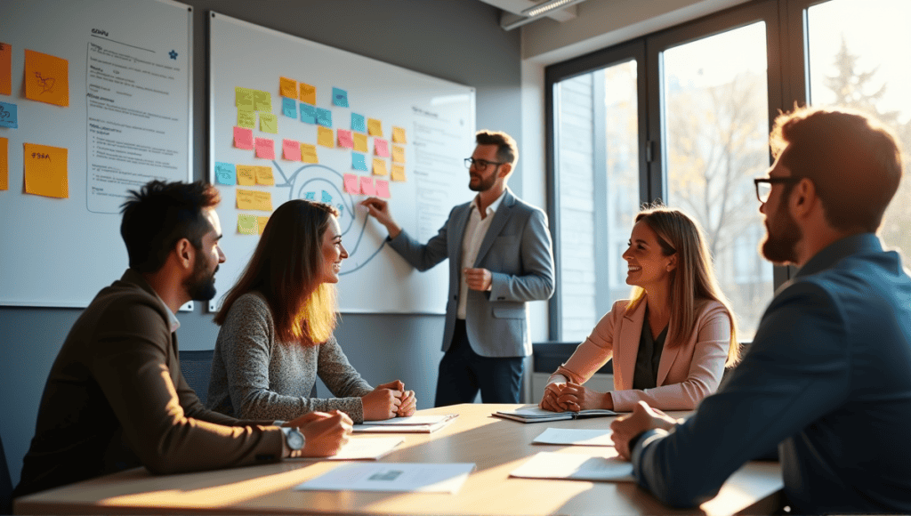 Professionals collaborating on agile backlog management in a modern office setting.