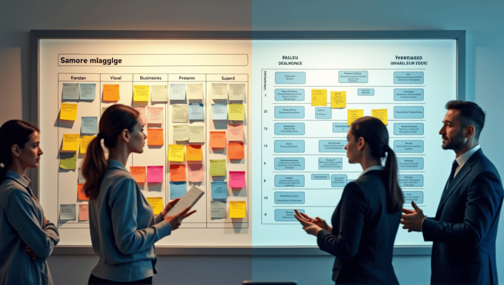 Kanban board with sticky notes and focused person, contrasting waterfall diagram with professionals discussing.