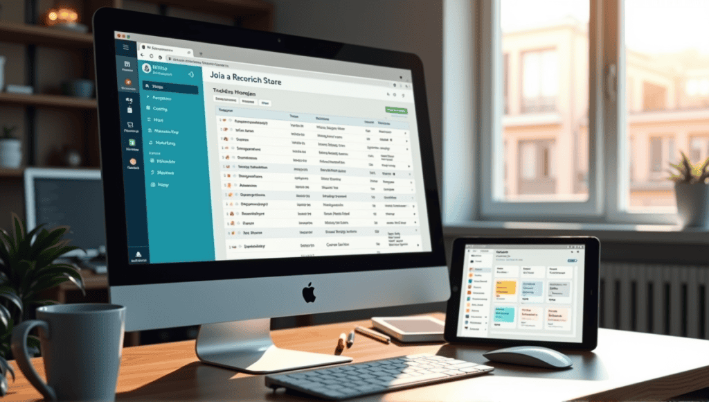 Desktop workspace with computer displaying Jira and tablet showing Trello in a modern office.