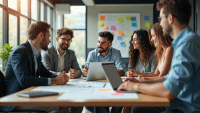 Professionals in smart-casual attire discussing agile practices at a conference table.