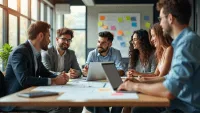 Professionals in smart-casual attire discussing agile practices at a conference table.