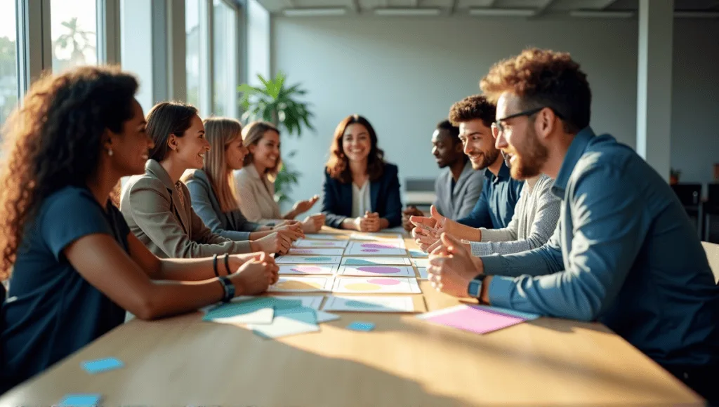 Group of professionals engaged in Planning Poker around a modern conference table.