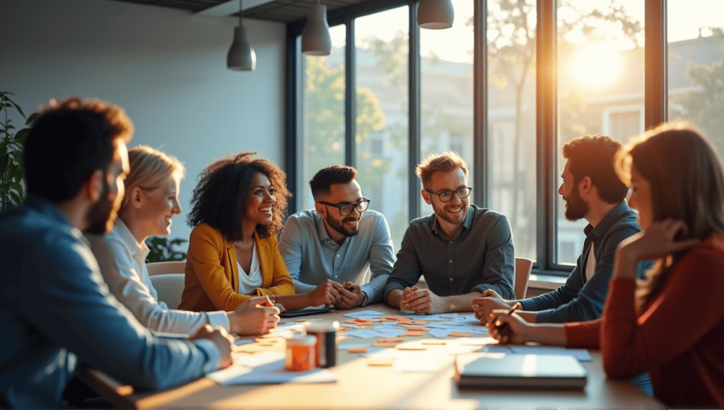 Professionals collaborating in a modern office during a brainstorming session with sticky notes.