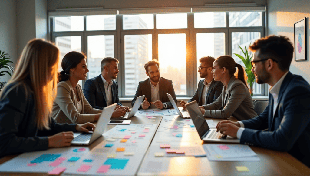 Team of professionals collaborating on Agile project management techniques at a large table.