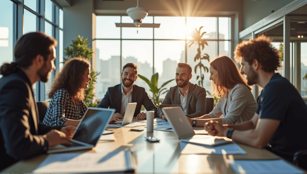 A group of professionals collaborating at a large table in an open office space.