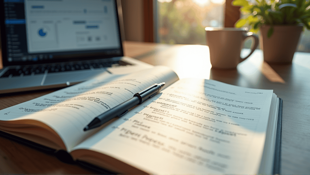 Professional workspace with open notebook, laptop displaying project management app, coffee cup, and plant.