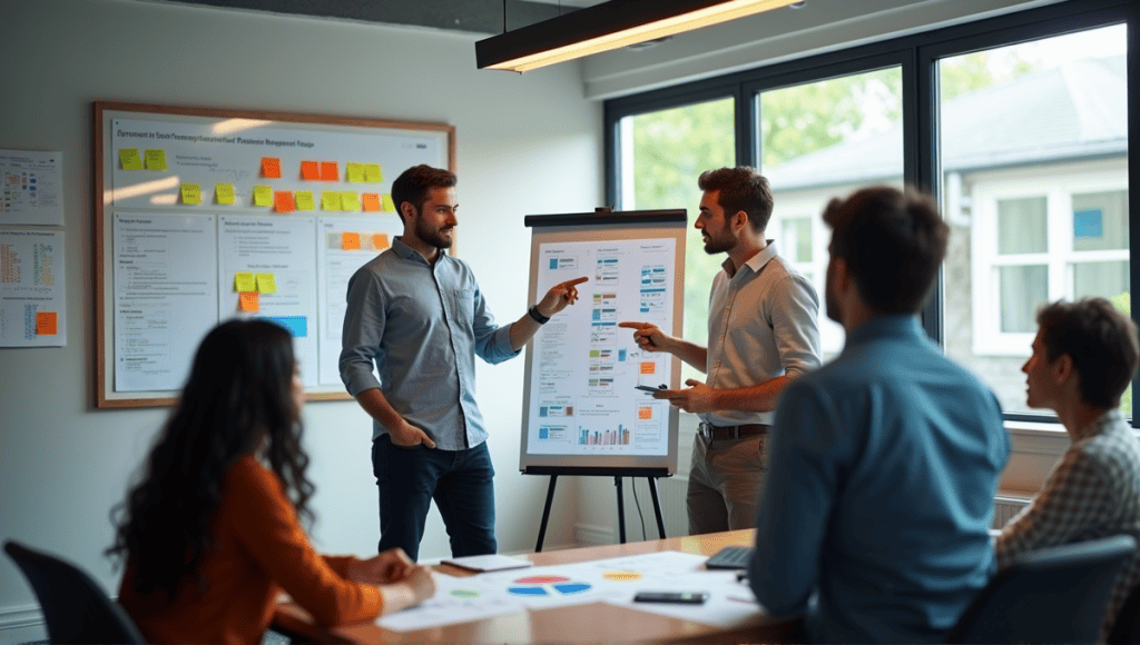 Group of professionals collaborating in a modern office with digital scrum and project management tools.