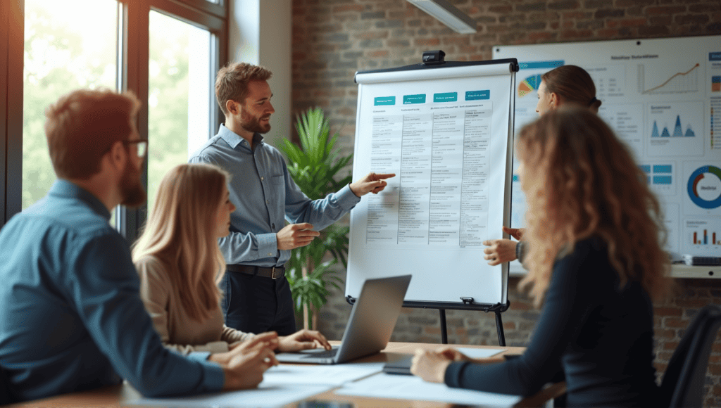 Group of professionals discussing feature prioritization with Kano Model displayed on a board.