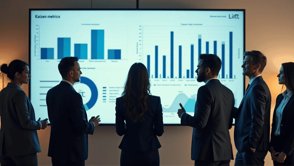 Professional office setting with individuals discussing Kaizen metrics and analyzing charts on a screen.