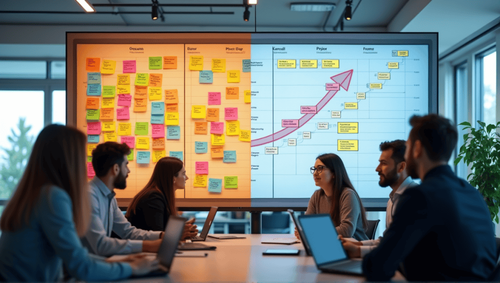 Split scene of Kanban board with sticky notes and Waterfall chart in an office.