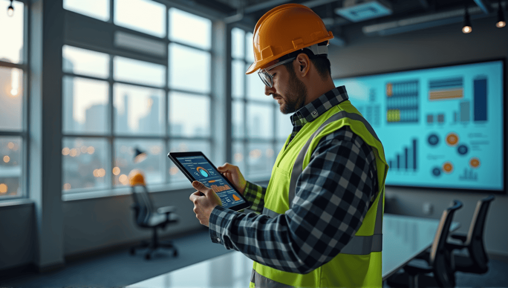 Engineer in safety gear analyzes performance data in a modern oil and gas office.