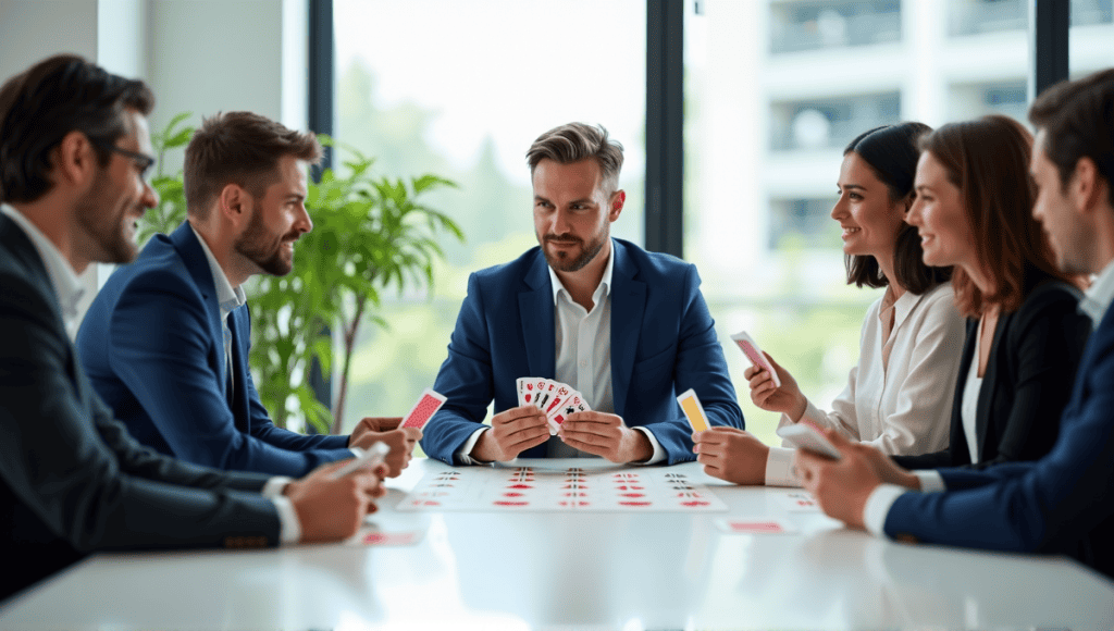 Group of professionals participating in Planning Poker session around a conference table.