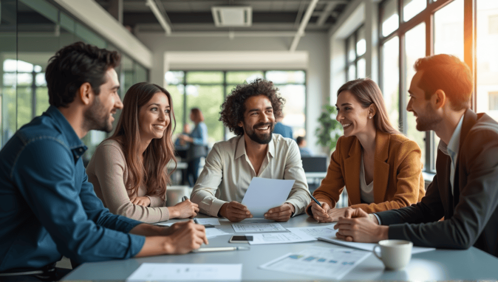 Group of professionals collaborating around a large table in a modern office setting.