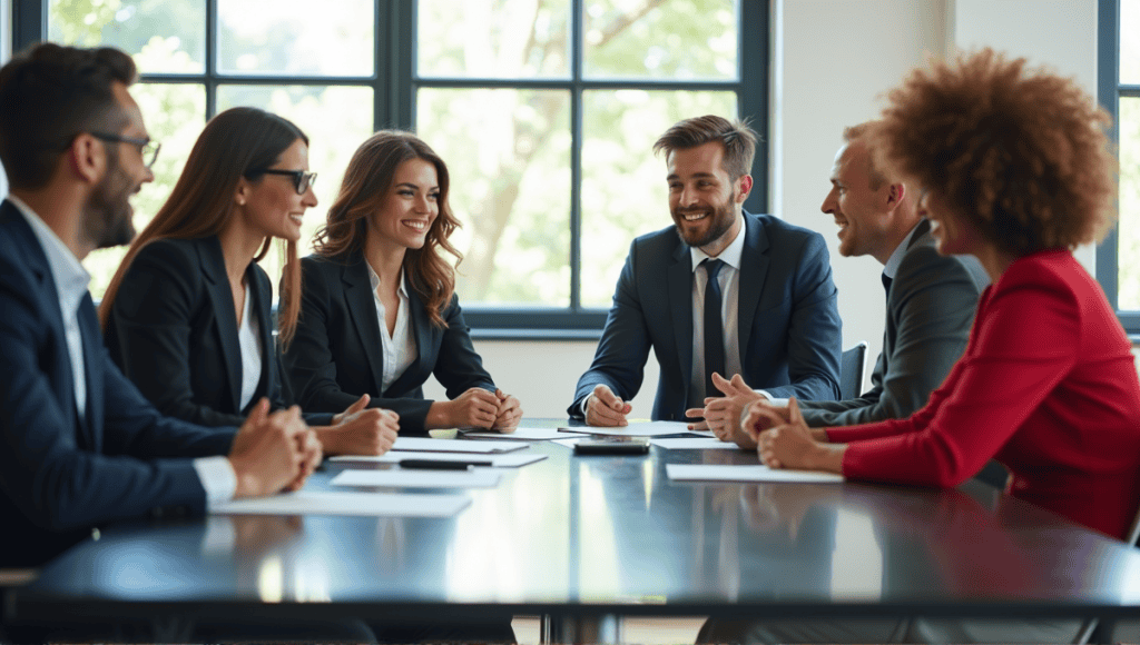 Group of professionals in smart attire engaged in discussion around a conference table.