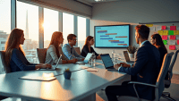 Professionals collaborating around a conference table in an agile production environment with digital screens.