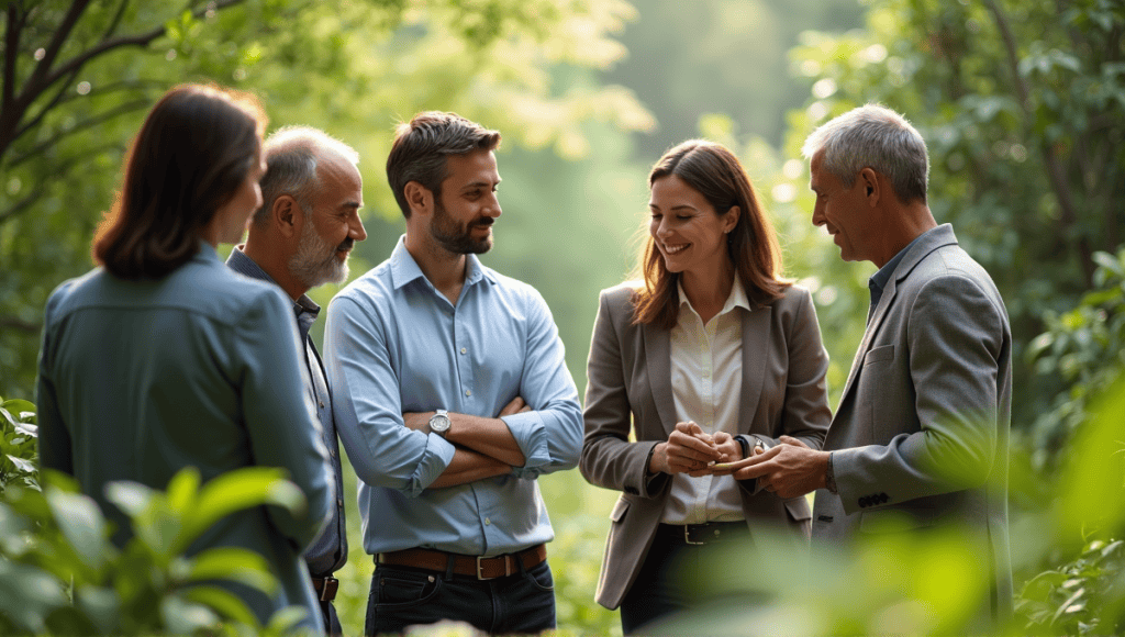 Professionals discussing sustainability strategies in a green outdoor setting, representing Kaizen principles.