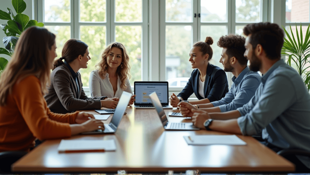 Team collaborating at a conference table, discussing a project with a laptop.