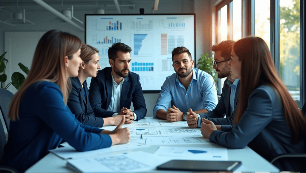 Engineers collaborating around blueprints and digital displays in a modern office setting.