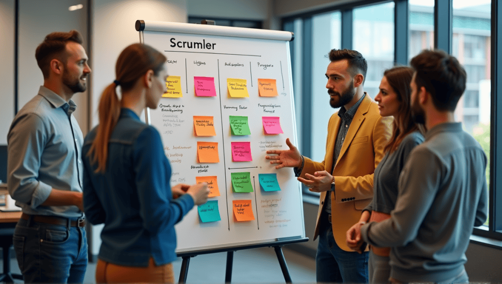 Team collaborating around a Scrum board with colorful sticky notes in a modern office.