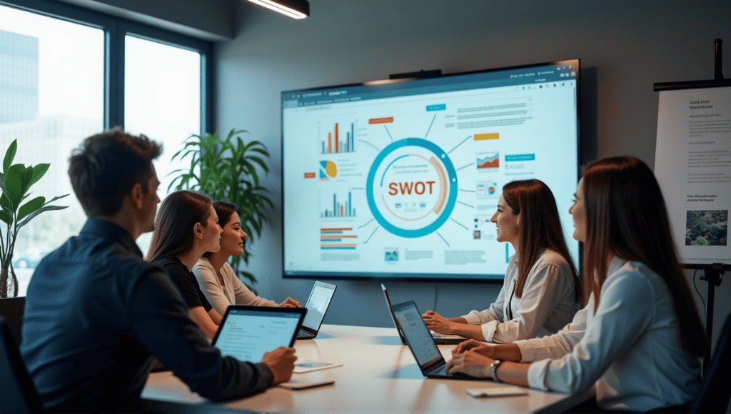 Modern office scene with professionals collaborating on SWOT analysis using laptops and digital screens.