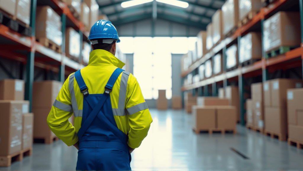 Engineer in blue overalls in a modern warehouse demonstrating Kaizen principles in supply chain management.