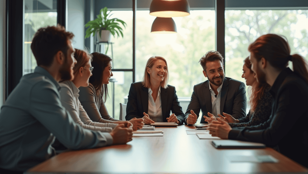 Group of professionals brainstorming at a large table in a modern office setting.