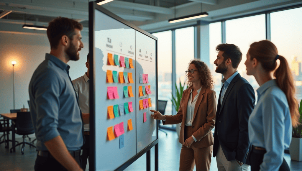 Professionals collaborating around a Kanban board filled with sticky notes in a modern office.