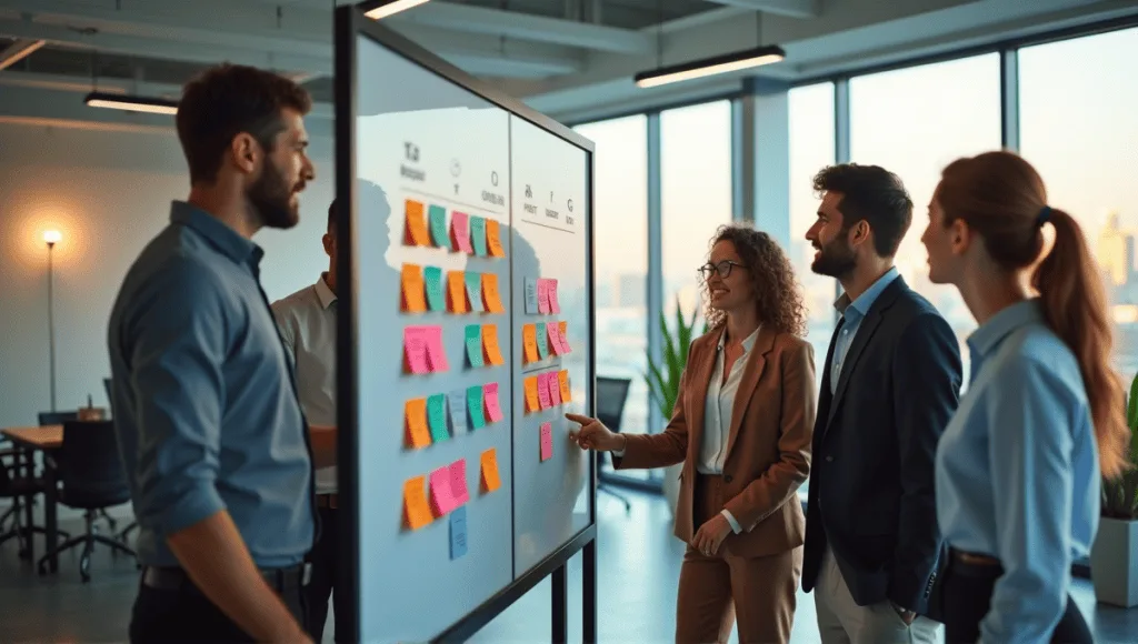 Professionals collaborating around a Kanban board filled with sticky notes in a modern office.