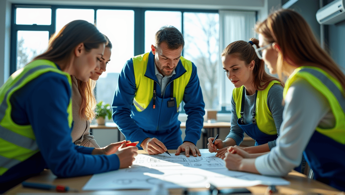 Engineer in blue overalls collaborating with colleagues in a professional office space.