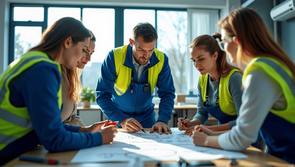 Engineer in blue overalls collaborating with colleagues in a professional office space.