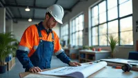 Engineer in blue overalls and high visibility jacket examining a digital blueprint in modern workspace.