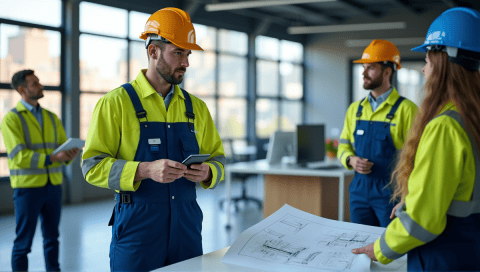 Engineer in blue overalls and high-visibility jacket discussing blueprints with colleagues in office.