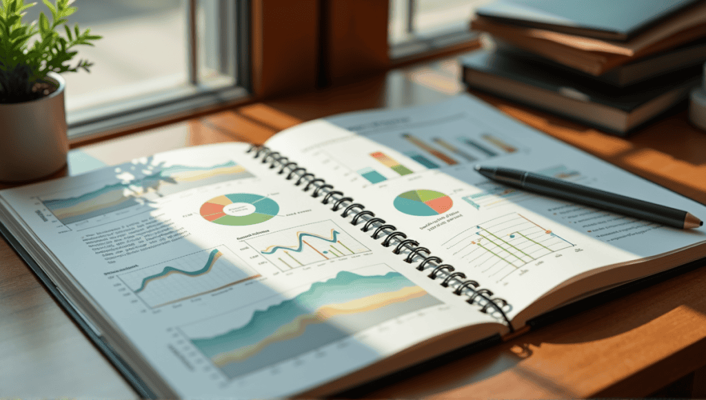 Open notebook on a wooden desk displaying market analysis and financial projections charts.