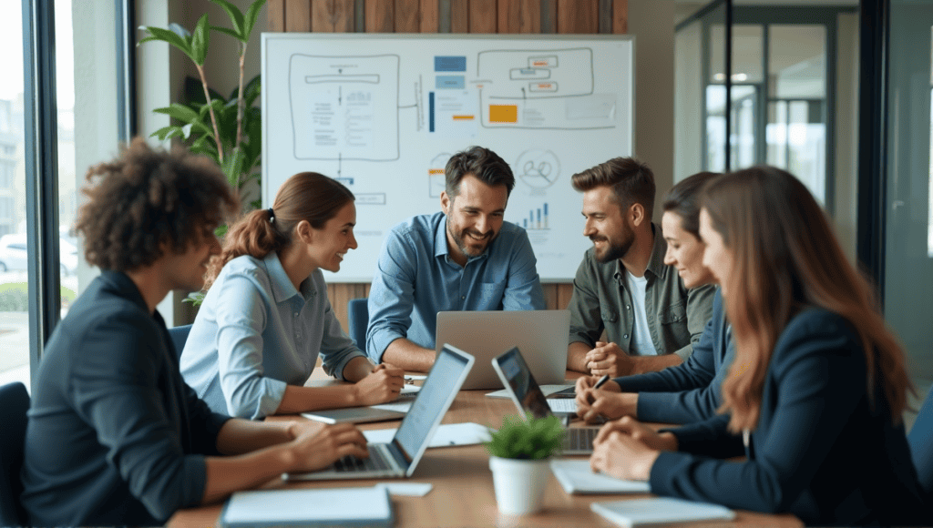 Group of professionals collaborating in a modern workspace with laptops and digital tools.