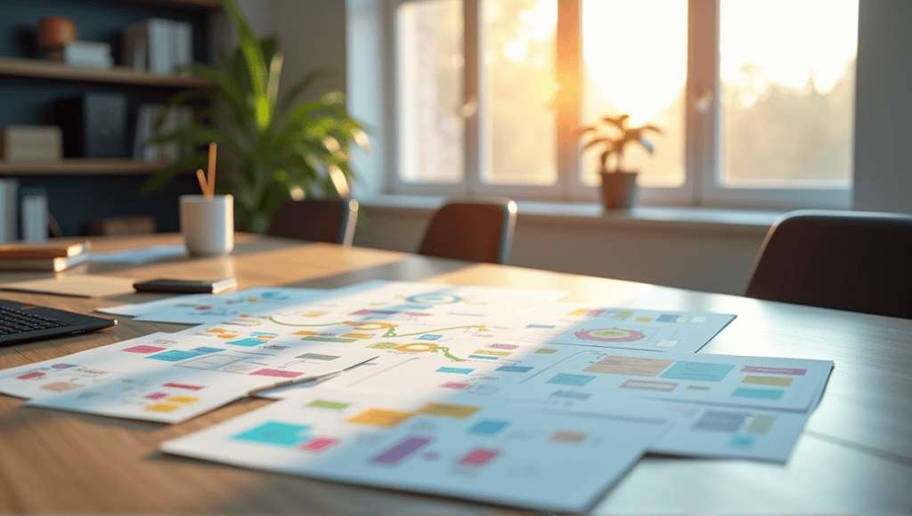 An array of visual thinking tools on a wooden table in a bright workspace.