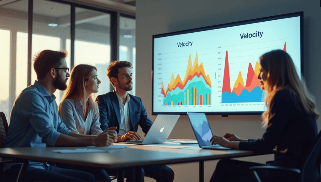 Professionals analyzing sprint burndown charts in a modern office setting focused on teamwork.