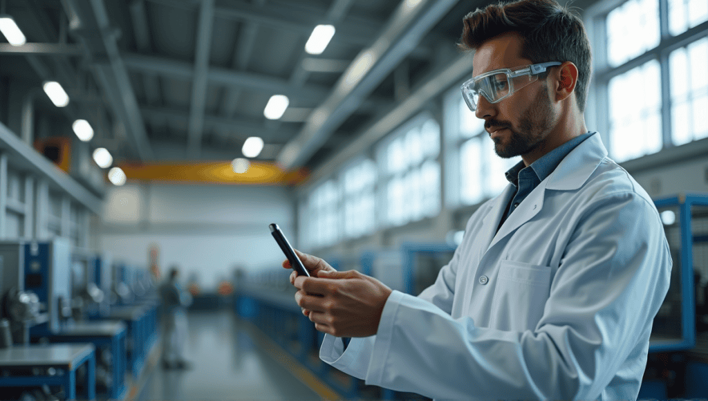 Quality control inspector in a modern facility wearing lab coat, analyzing a product.