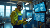 Modern engineer in blue overalls and high-visibility jacket analyzing data on tablet in factory.